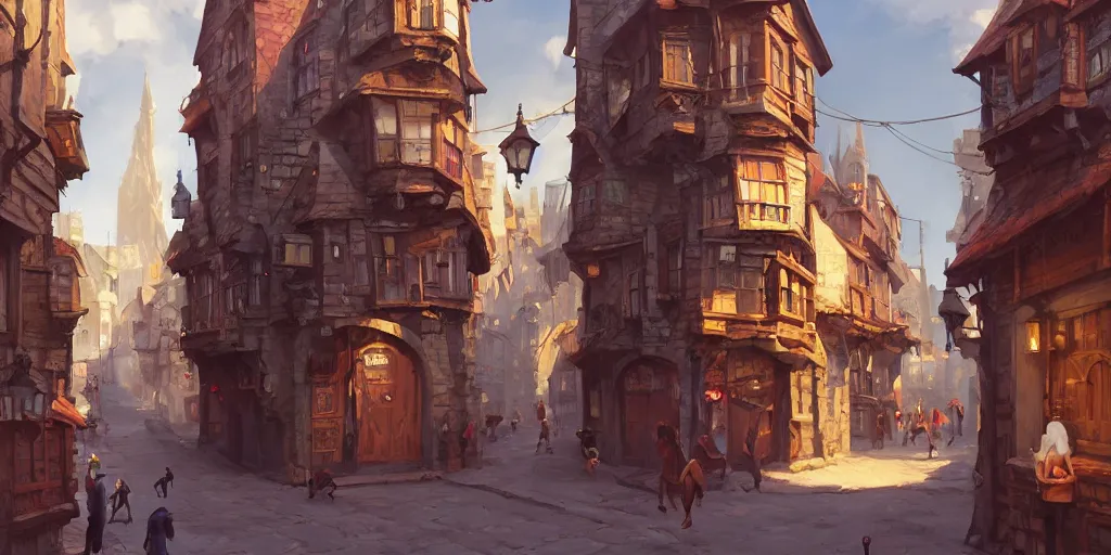 Image similar to a busy fantasy street within a fascinating old city, quirky shops, narrow streets, old buildings, by Sylvain Sarrailh, cinematic, simple but effective composition, clean lines, beautiful digital painting, oil painting, detailed, dungeons and dragons, lord of the rings