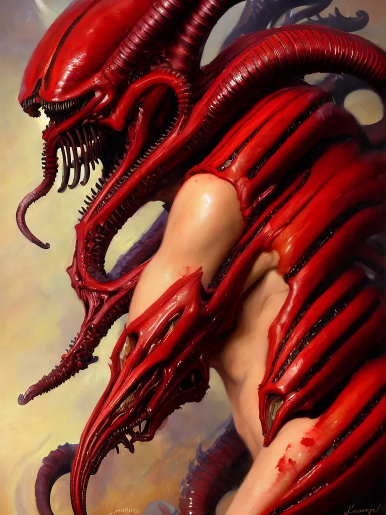 Image similar to painted close - up portrait of a very attractive red - skinned intimidating demon xenomorph queen with ram horns! oil painting, wearing a noblewoman's outfit, fantasy art by john singer sargent and gaston bussiere and james jean and greg rutkowski, demon noble character design, hd