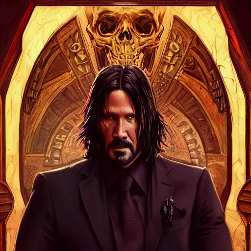 Image similar to a mind - blowing portrait of a john wick wearing a human skull, deep focus, d & d, fantasy, intricate, elegant, highly detailed, digital painting, artstation, concept art, matte, sharp, illustration, hearthstone, art by artgerm and greg rutkowski and alphonse mucha