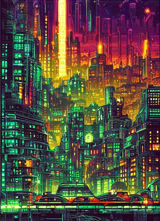 Prompt: a futuristic city at night by Dan Mumford