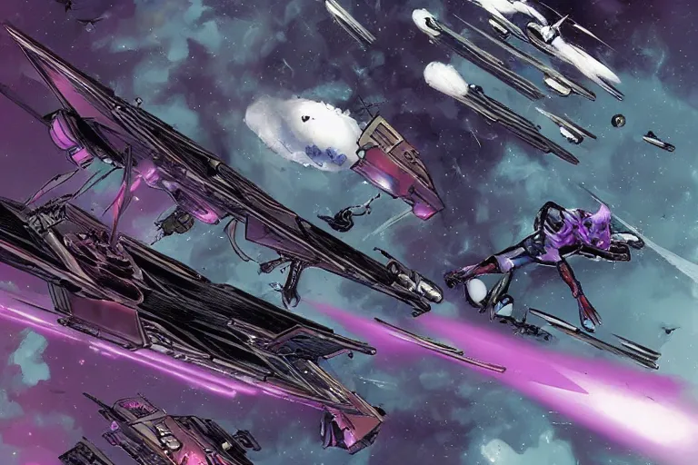 Prompt: A daemonette attacking a space fighter. Beautiful comic art.