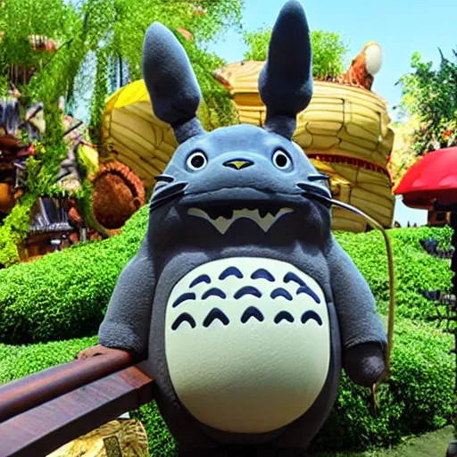 Prompt: photo of a totoro animatronic on disney's it's a small world ride