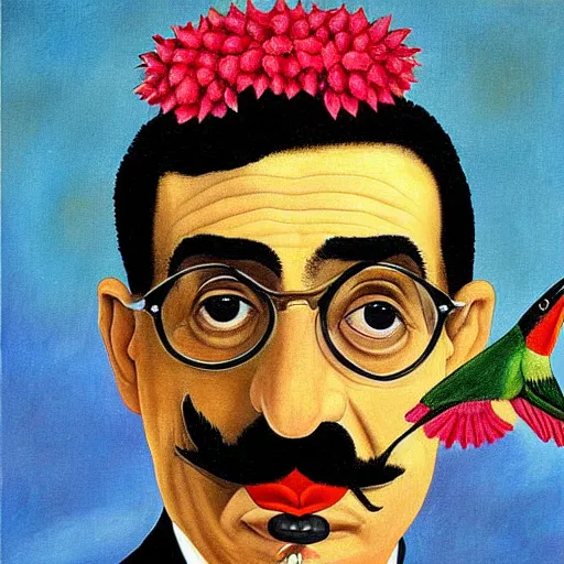 Image similar to painting Self-Portrait of groucho marx with Thorn Necklace and Hummingbird by Frida Kahlo