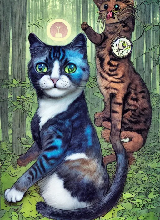 Image similar to a hyper realistic ink cat and the meaning of life and sunbeams blue sky, lush forest comic by chiara bautista and norman rockwell and greg rutkowski weta studio, and lucasfilm