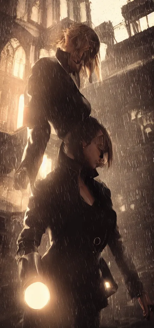 Prompt: professional shot annie leonhart in dunwall city, mid air shot, redshift render, beautiful face, detailed face, cinematic lighting, rainy weather, melancholy atmosphere, volumetric light, octane render, dishonored 1, gothic architecture, realistic reflections, octane render 8 k, action shot