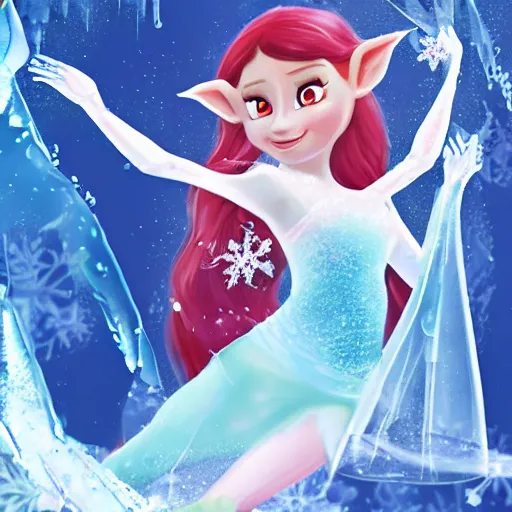 Image similar to a fantasy elf woman trapped and frozen trying to get out of a block of clear ice, with frozen flowers around her