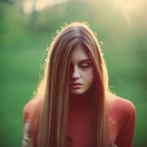 Image similar to a hyper realistic portrait photography of a woman with long hair. agfa vista 4 0 0 film. detailed. depth of field. cinematic. lens flare. grainy film. warm light.