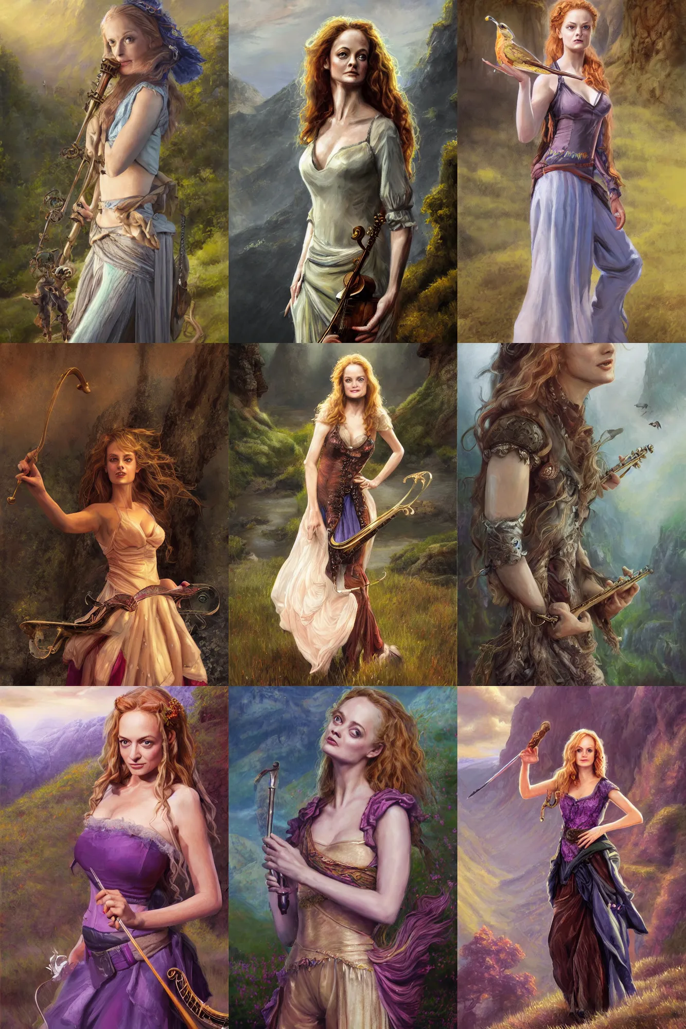 Prompt: a full body high detail fantasy portrait oil painting illustration of young heather graham as a beautiful sophisticated singing bard woman by justin sweet with face and body clearly visible, in a scenic background, realistic proportions, d & d, rpg, forgotten realms, artstation trending, high quality, sombre mood, artstation trending, muted colours, entire person visible!