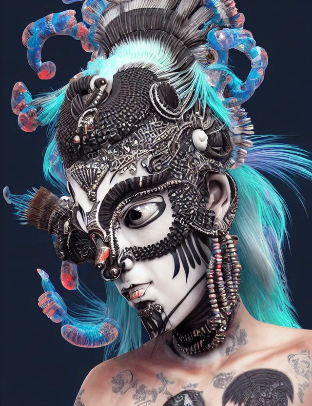 Image similar to 3 d photo realistic goddess close - up profile portrait punk with mohawk with ram skull. beautiful intricately detailed japanese crow kitsune mask and clasical japanese kimono. betta fish, jellyfish phoenix, bio luminescent, plasma, ice, water, wind, creature, artwork by tooth wu and wlop and beeple and greg rutkowski