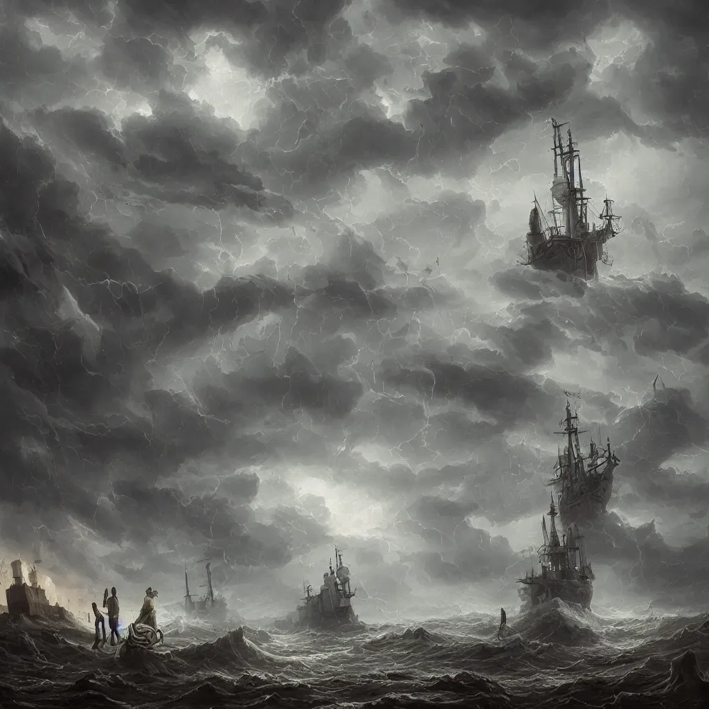Prompt: storm glass, 1 8 th century style, with ship on a stormy sea in it, placed in a post - apocalyptic desert, with broken down factories in the background, doomy, artwork, hellscape, artistic, in the style of dariusz zawadzki, gloomy, trending on artstation