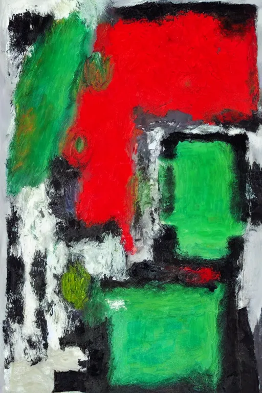Image similar to an abstract expressionist painting with big broad strokes very energetic, colors are emerald green, vermillion, gray white and black