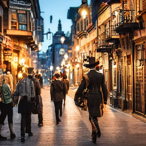 Prompt: a street level photo of a steampunk victorian city street, with people walking on the streets, at night, 4k, canon 5D