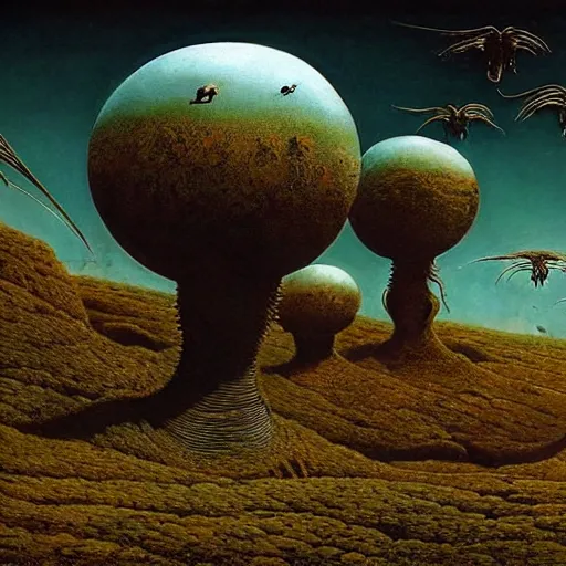 Image similar to flying alien creatures on an alien landscape, painted by beksinski, 4 k, intricate details, unreal engine, dynamic lighting