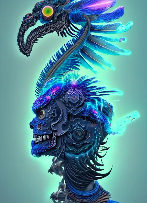 Prompt: 3 d shaman with tattoos profile portrait, sigma 5 0 0 mm f / 5. beautiful intricate highly detailed quetzalcoatl skull and feathers. bioluminescent, gradient background, plasma, frost, water, wind, creature, thunderstorm! artwork by tooth wu and wlop and beeple and greg rutkowski, 8 k trending on artstation,