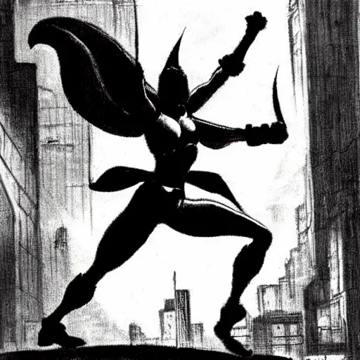 Prompt: a woman ninja leaping through the night in a sci-fi city, on the style of Frank Frazetta.