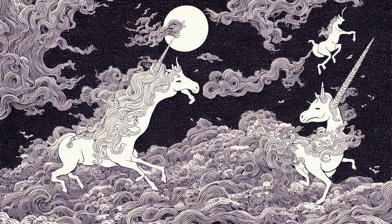 Image similar to unicorn by woodblock print, nicolas delort, moebius, victo ngai, josan gonzalez, kilian eng