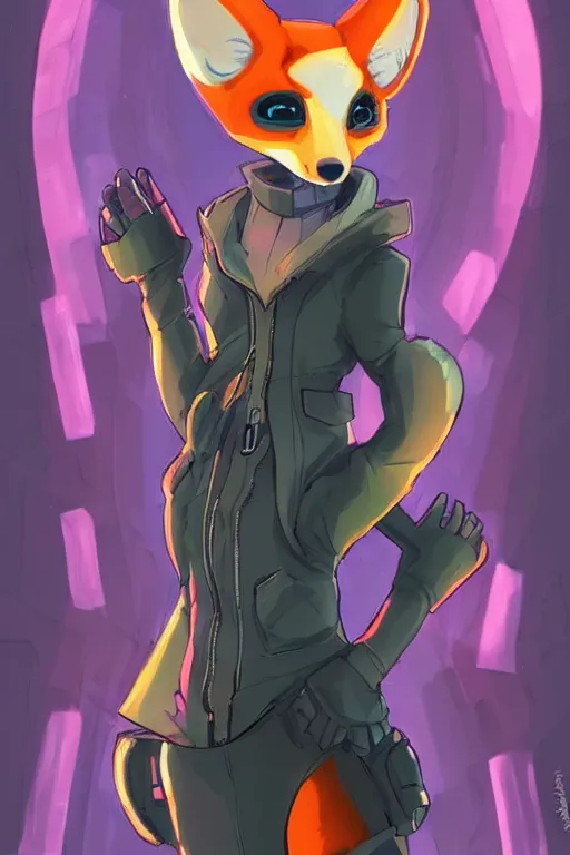 Image similar to a cute cyberpunk anthropomorphic fox with a fluffy tail, comic art, trending on furaffinity, cartoon, kawaii, backlighting, furry art!!!, warm light, concept art, glitch art