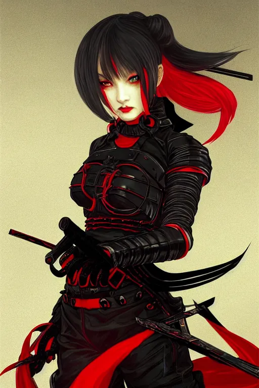 Image similar to portrait Ninja gaiden girl, armored black and red ninja wardrobe, in ruin japanese rainny temple night, ssci-fi and fantasy, intricate and very very beautiful and elegant, highly detailed, digital painting, artstation, concept art, smooth and sharp focus, illustration, art by tian zi and WLOP and alphonse mucha