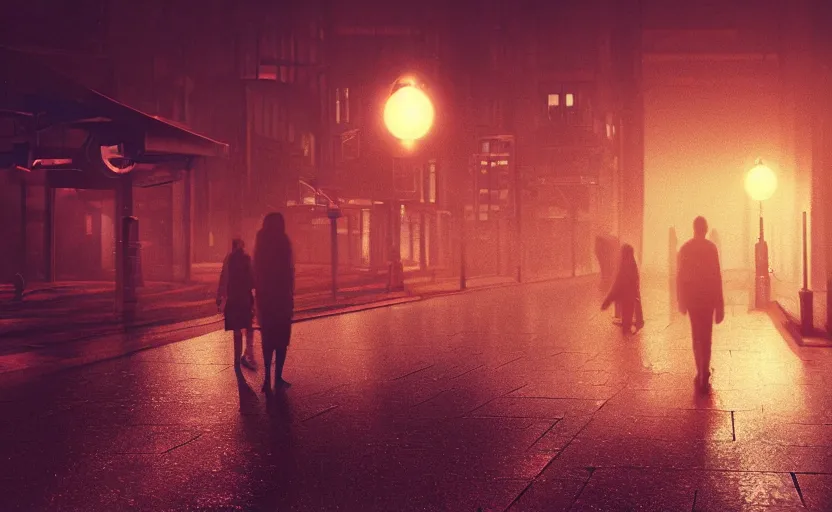 Prompt: night street with red light lamps, gloomy and foggy atmosphere, octane render, artstation trending, horror scene, highly detailded