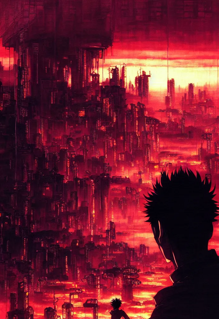 Image similar to tetsuo over neo - tokyo, silhouetted by a red sun | anime, matte painting, dystopian megacity neo - tokyo akira, shaded perfect, fine details. realistic shaded lighting anime manga artwork by katsuhiro otomo, akira, artgerm, jeremy lipkin and michael garmash and rob rey