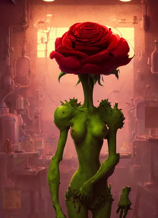 Image similar to anthropomorphic rose in a toxic waste lab, naturel, hyper detailed, digital art, trending in artstation, cinematic lighting, studio quality, smooth render, unreal engine 5 rendered, octane rendered, art style by klimt and nixeu and ian sprigger and wlop and krenz cushart.