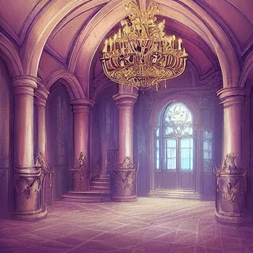 Image similar to “Entry foyer to Cinderellas castle, wide grand staircase, high ceiling, pastel color palette, concept art”