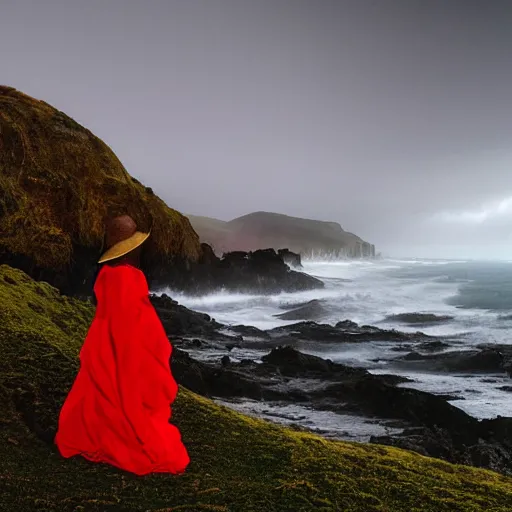 Image similar to dark and moody 1 9 7 0's artistic spaghetti western film in color, a woman in a giant billowy wide long flowing waving red dress, standing inside a green mossy irish rocky scenic landscape, crashing waves and sea foam, volumetric lighting, backlit, moody, atmospheric, fog, extremely windy