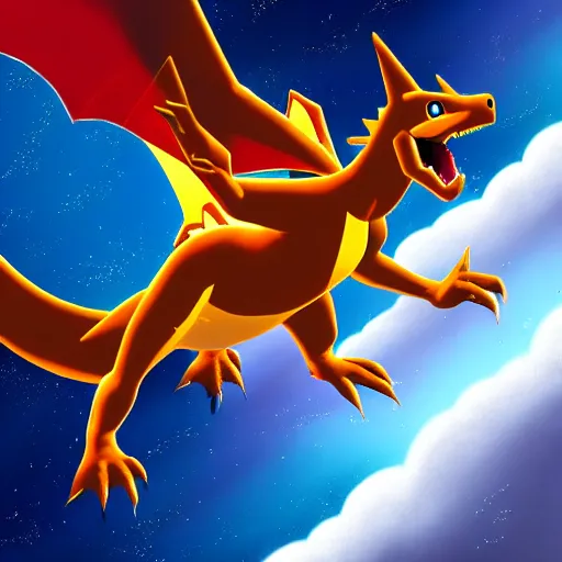 Image similar to ultra realistic charizard from real life flying into space and time above the clouds, the stars and galaxies are shining bright, ue 5, award winning, sharp focus, illustration