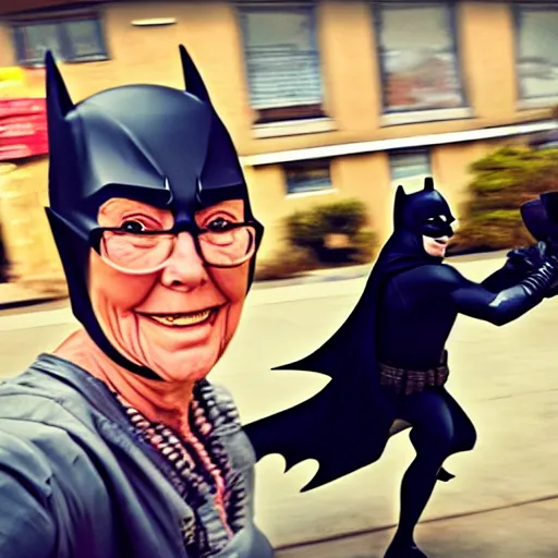 Image similar to high quality selfie photo of grandma being chased by batman