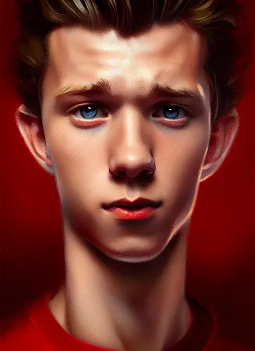 Image similar to portrait of tom holland, hazel eyes, red shirt, intricate, elegant, glowing lights, highly detailed, digital painting, artstation, concept art, smooth, sharp focus, illustration, art by wlop, mars ravelo and greg rutkowski