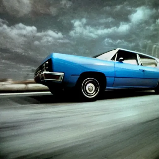 Prompt: a blue car with a vampire inside 4k photography 1970s