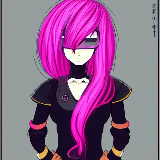 Prompt: a girl with pink hair and black boots, a character portrait by Muqi, deviantart contest winner, rayonism, official art, flat shading, full body