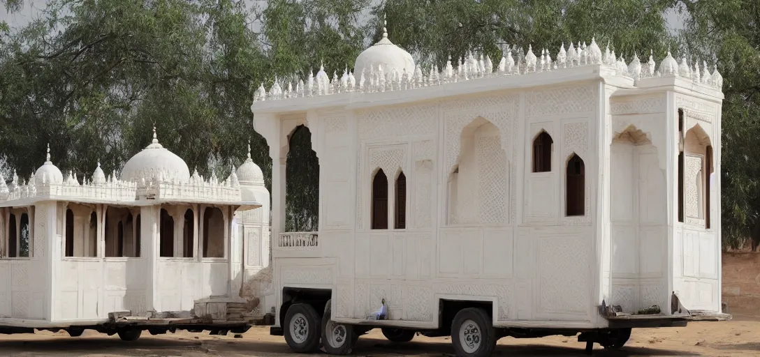 Image similar to mughal - style white ivory tiny home on trailer with minarets in agra, india