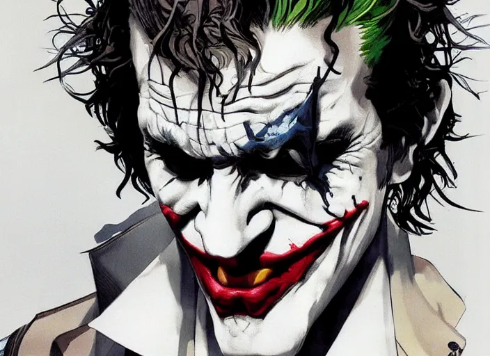 Image similar to a highly detailed beautiful portrait of the joker by yoji shinkawa