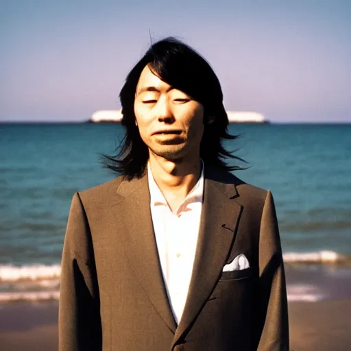 Image similar to japanese man with long hair in a suit standing in the ocean looking at the camera, wide shot, far away, sunset, album cover, 1980, tatsuro yamashita