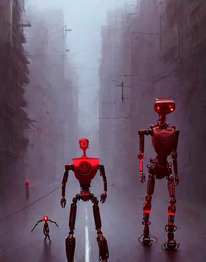 Prompt: a humanoid robot with red eyes marching down a street in los angeles, scifi, cinematic, horror, photorealism, hyper detailed, by greg rutkowski and zdzisław beksinski