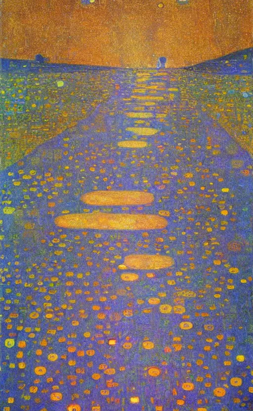 Image similar to textless paperback book cover by klimt. pure colors, melting clouds, accurately drawn details, a sunburst above a receding road with the light reflected in furrows and ruts, after rain. cinematic. trending on artstation. textless.