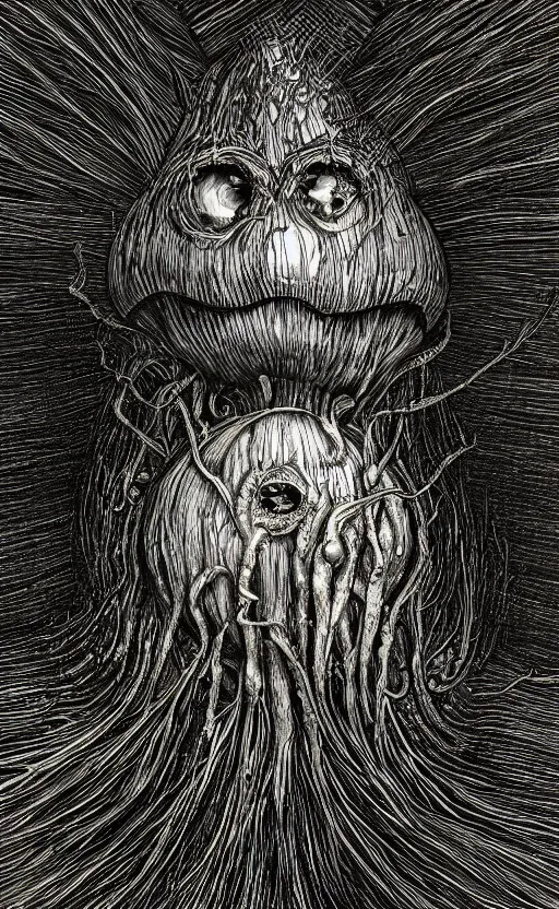 Image similar to portrait of lovecraftian onion with an mouth in the middle of it, surrounded by beams of light dark background by wayne barlow, stanley donwood, anton semenov, zdzislaw bekinski, hr giger, 8 k, fantasy, dark, highly detailed