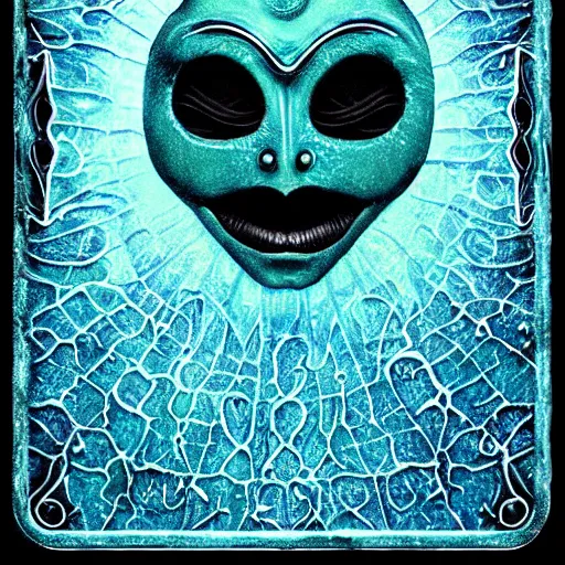 Prompt: a tarot card of an alien face made of water texture, highly detailed symbols as frames of the card