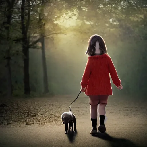 Image similar to Full lenght view contamporary art photography of ultra mega super hyper realistic girl walking with a dog . Photo on Leica Q2 Camera, Rendered in VRAY and DaVinci Resolve and MAXWELL and LUMION 3D, Volumetric natural light