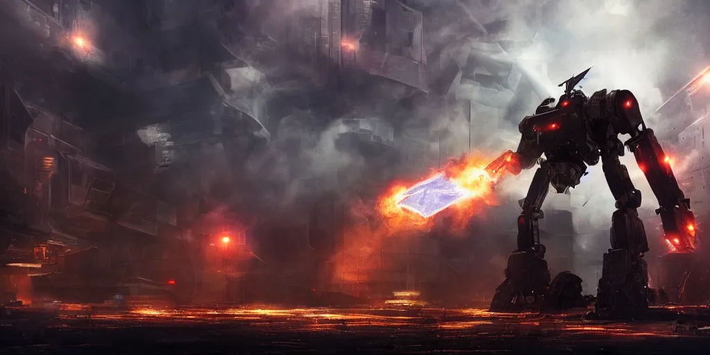 Prompt: beaten-up giant robot in a technological megastructure, dramatic lighting, explosions, debris, smoke, apocalyptic scene, cinematic photography