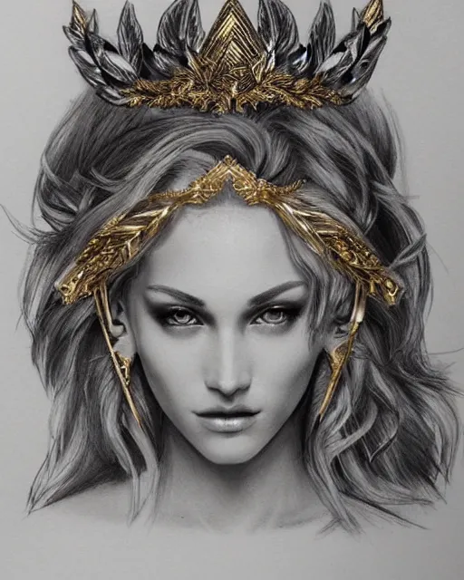 Image similar to tattoo design sketch of hot blonde super model as aphrodite greek goddess wearing a gold laurel wreath and triangle earrings, beautiful piercing gaze with sharp pupils, in the style of greg rutkowski, fantasy, amazing detail, epic, elegant, smooth, sharp focus, front view