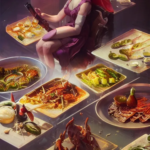 Prompt: A close up shot of a table-spread of amazing food hot and fresh and steaming, ultra high detailed, oil painting, Greg Rutkowski, Charlie Bowater, Yuumei, Yanjun Cheng, unreal 5, DAZ, hyperrealistic, octane render, RPG portrait, dynamic lighting, fantasy art, beautiful