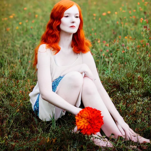 Image similar to Portrait of a young redhead lady with a flower, Canon EOS R3, f/1.4, ISO 200, 1/160s, 8K, RAW, unedited, symmetrical balance, in-frame