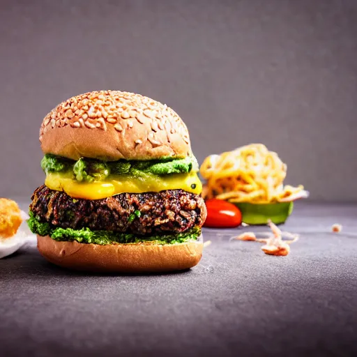 Prompt: juicy vegan hamburger with guacamole topping and crispy fried onion topping and a fried egg topping, crispy buns, 8 k resolution, professional food photography, studio lighting, sharp focus, hyper - detailed