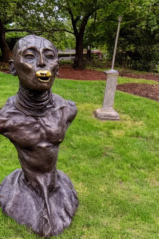 Prompt: bronze statue on pedestal in park of a man's mummified head resembling a death mask, open cranium, hollow, broken, water pouring from back into stream below, 4 k image, golden hour, sigma lens