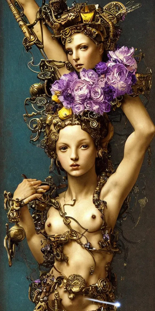 Prompt: a young beautiful Italian metal android with a large glowing yellow lit crystal in the center of her chest, full-body bronze cyberpunk style statue of Venus with glowing purple eyes, crown of mechanical peach roses, flowing teal-colored silk, fabric, steampunk flowers. baroque elements, human skull. full-length view. baroque element. intricate artwork by caravaggio. many flying horses on background. Trending on artstation, octane render, cinematic lighting from the right, hyper realism, octane render, 8k, depth of field, 3D