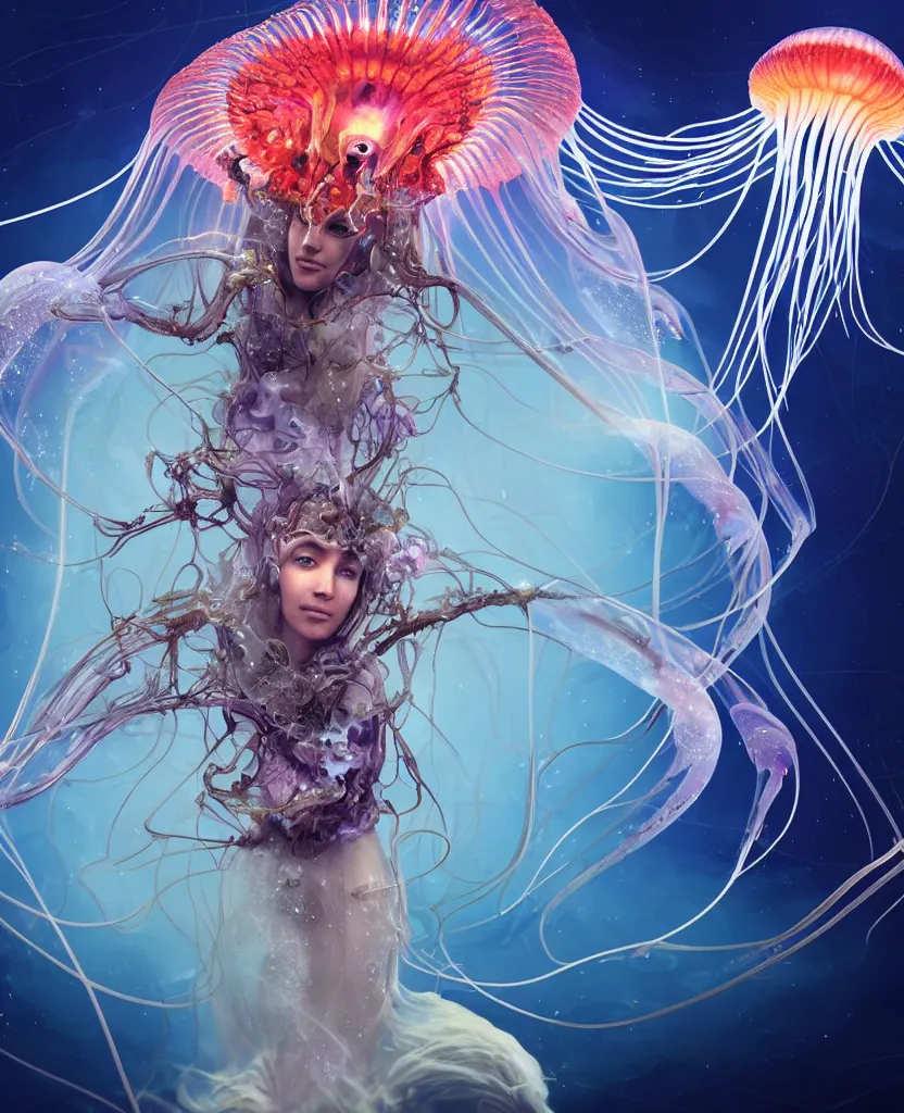 Image similar to close-up portrait of the face of a beautiful princess in a twisted flowers jellyfish mask in a spaceman suit surrounded by energy flow, epic angle and pose, symmetrical artwork, 3d with depth of field, blurred background, floating jellyfish skull phoenix bird, translucent, nautilus, energy flows of water and fire. a highly detailed epic cinematic concept art CG render. made in Maya, Blender and Photoshop, octane render, excellent composition, cinematic dystopian brutalist atmosphere, dynamic dramatic cinematic lighting, aesthetic, very inspirational, arthouse. y Greg Rutkowski, Ilya Kuvshinov, WLOP, Stanley Artgerm Lau, Ruan Jia and Fenghua Zhong