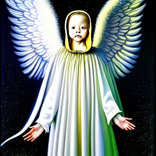 Image similar to beautiful high details hyper realistic painting of white angel in the hood coming from space with giant ball of miracle light from the chest!!!!!, 4 k hd face!!!, cute face, no gender, giant silver holographic wings, by jan van eyck, holography space, white sparkles everywhere, thin strokes, high textures, silver background