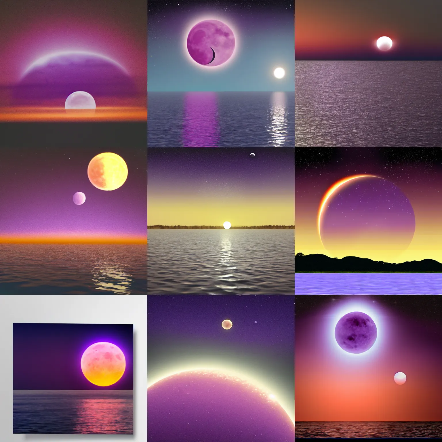 Prompt: a large purple partly eclipsed sun, crescent moon, back glowing, above dark waters, hyper realistic